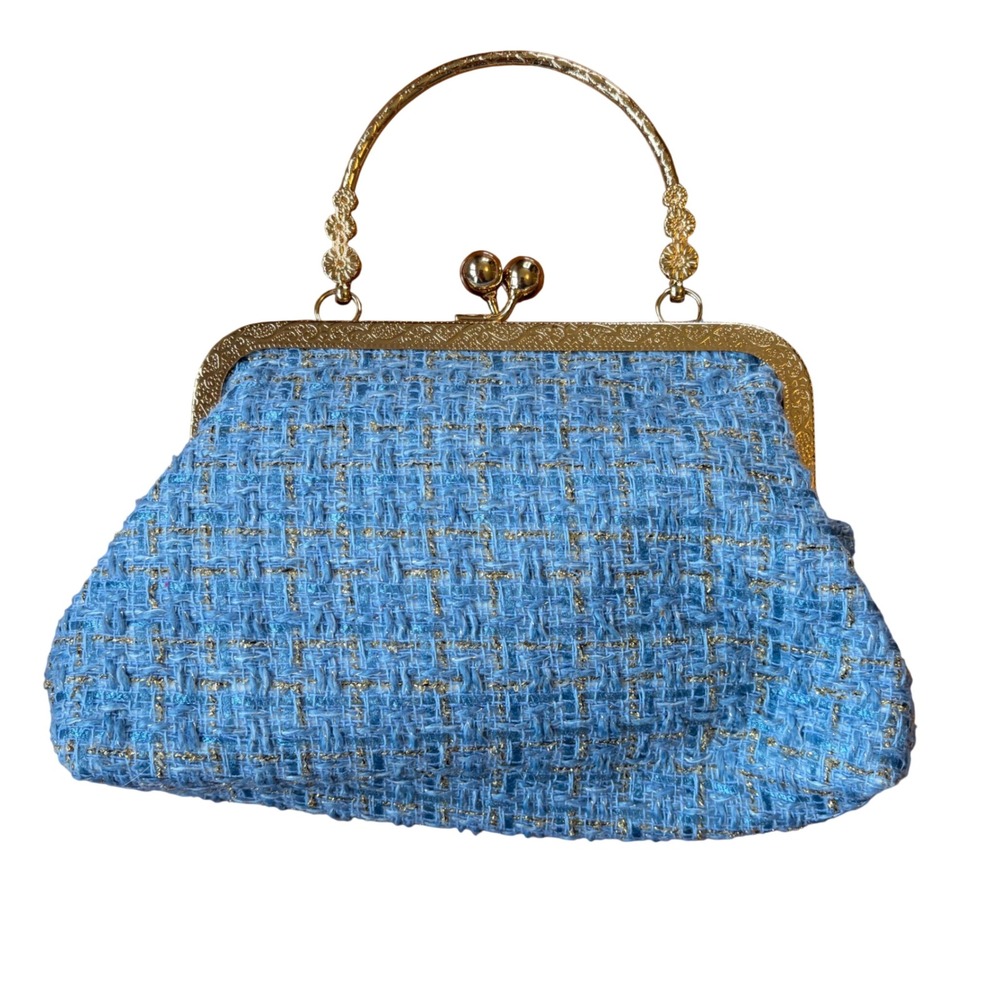 Blue Tweed Purse w/ Bow Gold Handle Chain Crossbody Bag Preppy Retro 60s Classic - Picture 3 of 8